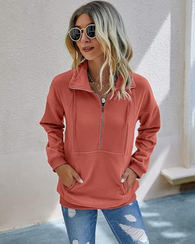 Beonych Sweatshirt Damen Pullover Elegant Langarmshirt Baumwolle Pulli Herbst Winter Casual Sweatjacke Oberteile Langarm mit Taschen (Orange, M)