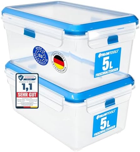 ATHLON TOOLS 2x 5L Frischhaltedosen-Set in Gastro-Qualität Auslaufsicher | 100% luftdicht -40 bis +100 Grad - für alle Lebensmittel - BPA-frei - Vorratsdosen für Kühlschrank [MADE