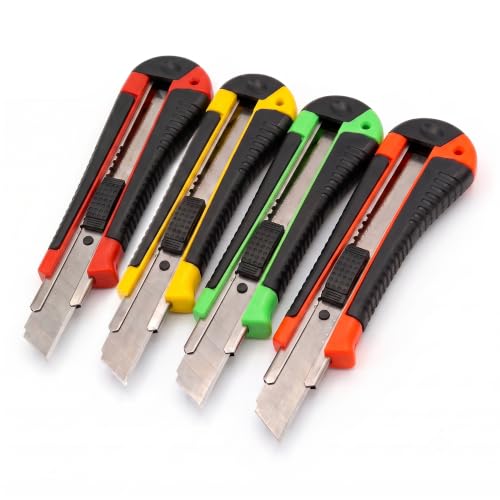 Image of 18mm Heavy Duty Utility Knife Cutter, Wide Blade Box Cutter with Auto-Lock Sliding Mechanism, Ergonomic Non-Slip Grip, Retractable Replacement Blade for Cutting Cardboard, (Multicolor, Pack Of 5)