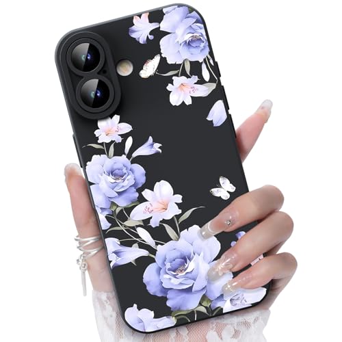 CASBST for iPhone 16 Phone Case, Purple Floral Pattern, Black