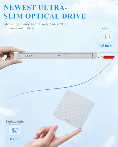 Image of External CD /DVD Drive for Laptop, Ultra Slim 13mm USB 3.0 Type-C Portable DVD Player CD Burner Reader Writer Recorder for Desktop PC Windows 11 /10 /8 /7 Linux Mac OS, White