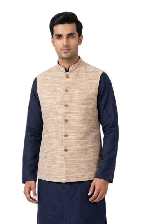 Men's Solid Nehru Jacket Waistcoat in Textured Fabric, Beige-picture-46