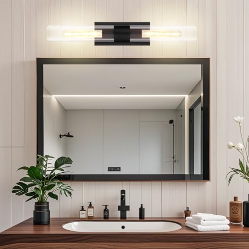 Image of Glass Tube Wall Sconces, 24in Bathroom Vanity Light Fixtures 2-Light Double Glass Sconces Wall Lighting Bathroom Wall Lights for Mirror,Bedroom, Hallway (Including Extra Bulbs)-Matte Black