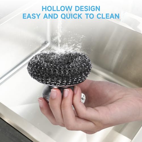 Image of 6Pcs Steel Wool Scrubber, Stainless Steel Scrubber with Handle for Cleaning Kitchen and Household Stubborn Messes from Stoves Pans Pots Grill Sink with Replacement Wire Brush Set (2 Pcs+4 Replacement)
