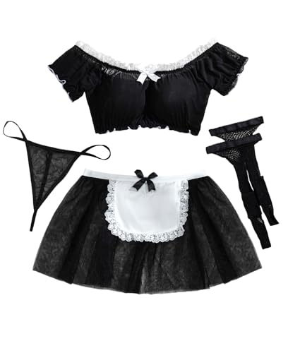 Aranmei Women's 4 Piece Maid Costume Set with Lace Apron Skirt and Fishnet Stockings for Halloween Cosplay Party Black L
