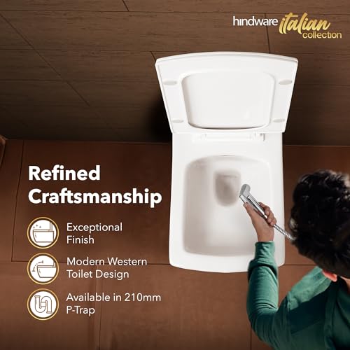 Image of Hindware Italian Collection Fluid Wall Hung Western Commode with Duroplast Seat Cover for Bathroom | Made of Ceramic | Star White | Geomteric Shape | Wall Mount Ewc