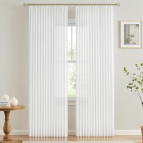Image of Vision Home White Pinch Pleated Semi Sheer Curtains Textured Light Filtering Window Curtains 90 inch for Living Room Bedroom Rayon Blended Pinch Pleat Drapes with Hooks 2 Panels 40 inch Wx90 L