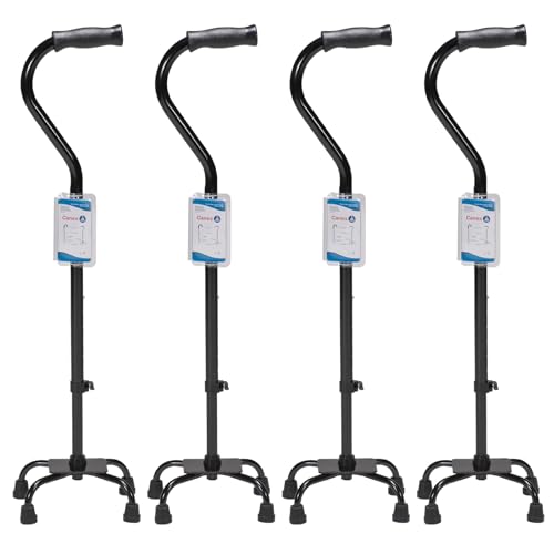 Dynarex Quad Cane with Small Base, Provides Optimal Mobility Support in a Stable One-Hand Walking Aid, 300 Pound Weight Capacity, Black, 4 Canes