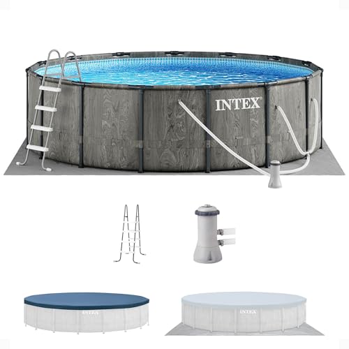 Intex Greywood Prism Frame 15' x 48' Round Above Ground Outdoor Swimming Pool Set with 1000 GPH Filter Pump, Ladder, Ground Cloth, and Pool Cover