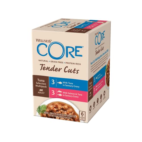 Wellness CORE Tender Cuts, 6 x 85g, Tuna Selection Mix, Wet Cat Food Pouches, Tender Pieces in Sauce, All-Natural, Grain-Free, High Meat Content, Protein-Rich, No Added Sugar