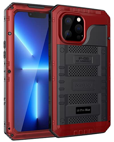 Beasyjoy for iPhone 13 Pro Max Case, Metal Waterproof Phone Case with Built-in Screen Protector, Full Body Protective Military Grade Shockproof Heavy Duty Rugged Defender Cover 6.7 Inch, Red