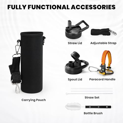 Image of RAYMYLO Insulated Water Bottle 24 oz, Triple Wall Vacuum Stainless Steel (Cold for 24Hrs, Hot for 12Hrs), Leak Proof & Non-BPA, Modern Water Flask Jug with Paracord Handle & Straw Spout Lids
