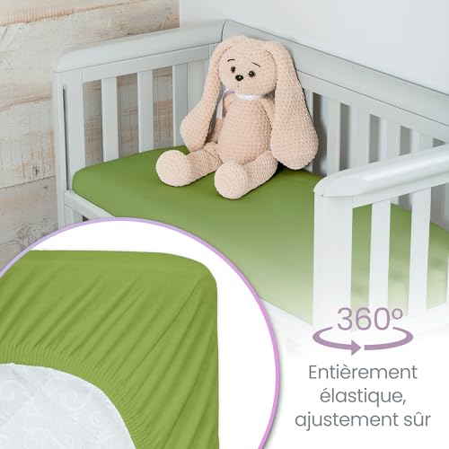 Drap housse bébé 60x120 en pur coton bio vert premium respirant lot de 2
