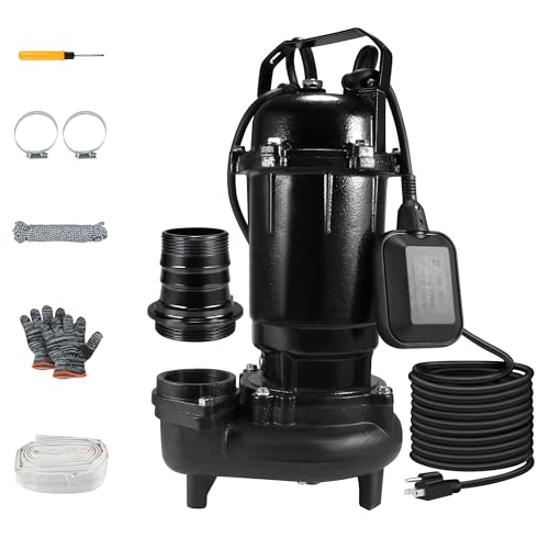 Sump Pump Submersible, Sewage Grinder Pump 110V 6400GPH 40Ft Max Head, Cast Iron Effluent Pump with Auto Float Switch 2\'\' NPT for Basement Basin Sewage Well Pond Swimming Pool, 32Ft Power Cord