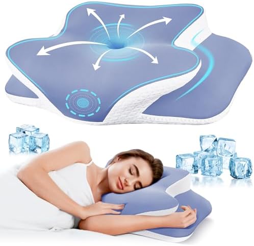 Cervical Pillow for Neck Pain Relief - Ergonomic Dual-Height Butterfly Contour Memory Foam Pillows with Ice Silk Fabric & Washable Cover for Side Back Stomach Sleepers