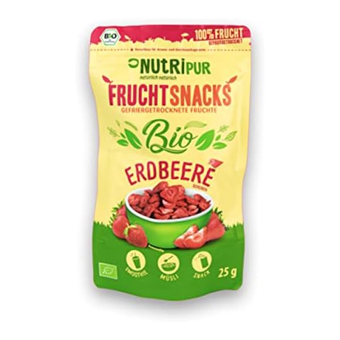 Gefriergetrocknete Früchte: 70g BIO gefriergetrocknete Erdbeeren für Smoothie Bowl, Müsli, Porridge Topping - Gefriergetrocknete Beeren ohne Zucker Zusatz - Erdbeeren gefriergetrocknet - Obst NutriPur Cover