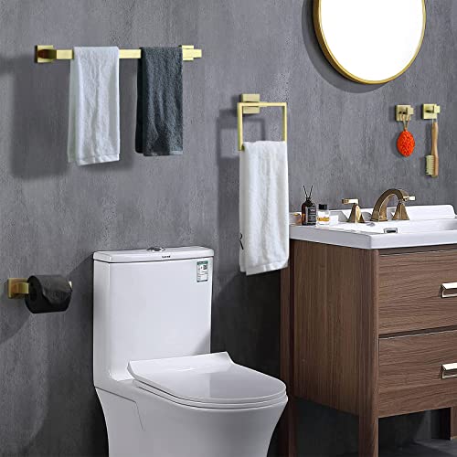 Lanc Bathroom Hardware Accessories Set 5-Pieces Stainless Steel Brushed Gold Square 24" Towel Bar Holder 2 Robe Hooks Towel Ring Sets Wall Mounted,A8808-5Bg #TOP6