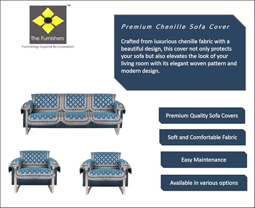 Image of Premium Chenille Woven Anti-Slip 5 Seater Sofa Cover with Armt Rest | L-Shape Sofa Seat Protector for Living Room | Durable & Stylish Slipcover - Turquoise - Floral