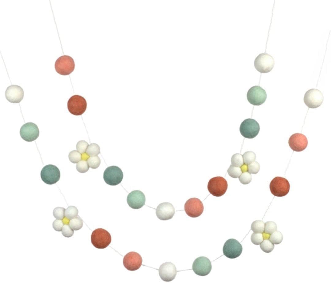 6 FT Spring Garland- 1" Balls, 1.75” Daisies- Teal/Peach | 6-Ft String With 25 Adjustable Shapes- 1-Inch Balls, 1.75” Daisies- Handmade Easter Mantel Banner, Spring Shelf Flower Decor