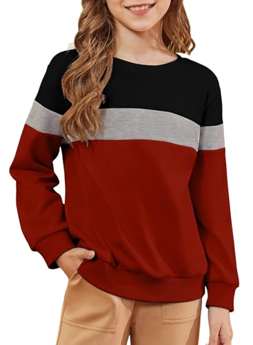 blibean Tween Girls Long Sleeve Sweatshirt Teen Girl Fall Sweaters Shirts Tops Big Kids Tunic Patchwork Tees Clothes Fashion Pullover Blouses Size 8-9 Years Old Red