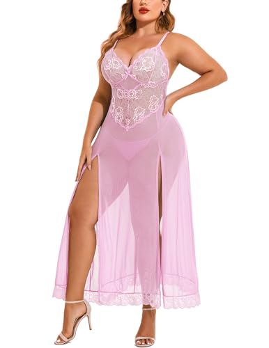 Image of Avidlove Plus Size Lingerie for Curvy Women Long Lace Babydoll Nightdress | V neck sheer mesh nightgown,g-string included,high side slits,adjustable straps,curve-flattering fit,maternity photoshoot