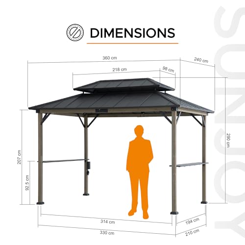 Sunjoy 2.4 X 3.6M Wooden Bbq Gazebo Built-In Electrical Outlet, Double Steel Roof, 2 Shelves & 5 Hooks, Waterproof Shelter For 2 Grills, Uv & Wind Resistance, Outdoor Permanent For Garden Patio Party - 7