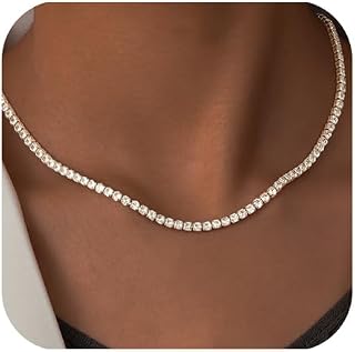 Dainty Tennis Necklaces for Women 14K Gold Plated Thin CZ Tennis Necklace Faux Diamond Tennis Chain Adjustable Tennis Choker Necklace for Women Necklace for Prom Mothers Day Gifts
