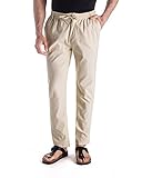 MUSE FATH Men’s Linen Drawstring Casual Beach Pants-Lightweight Summer Trousers-Beige-M