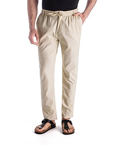 MUSE FATH Men's Drawstring Casual Beach Trousers Linen Summer Pants-Beige-XXXL