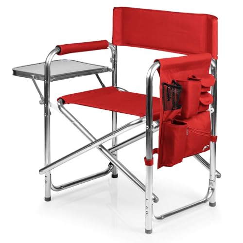 Image of PICNIC TIME Sports Chair with Side Table and Armrest Caddy, Lightweight Aluminum Folding Outdoor Camping Chair for Adults, Portable Director Style Lawn Seating with Pockets & Carry Strap, (Red)