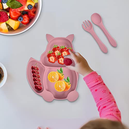 Conjunto de refeição de bebê de silicone, Squirrel Shape Suction Baby Placas E Utensílios Set - Supr