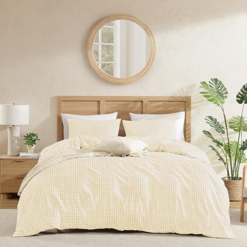 Image of Andency Gingham Duvet Cover Full Size, Yellow Checkered Plaid Bedding Set, 3 Pieces Soft Prewashed Microfiber Comforter Cover with Zipper Closure & Corner Ties