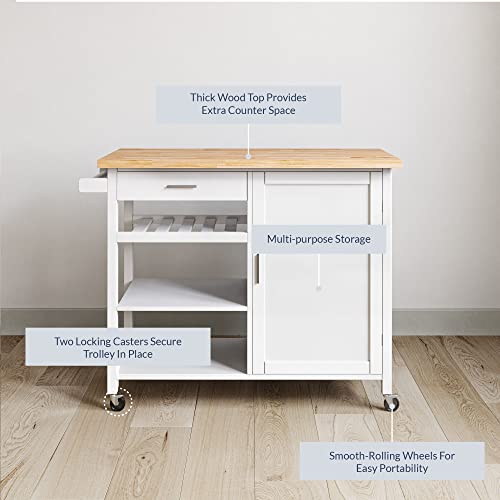 Belleze Modern Rolling Kitchen Island Utility Cart With A Drawer, Storage Cabinet, Handle Towel Rack, Rubber Wood Top, And Caster Wheels - Sonoma (White) #TOP3