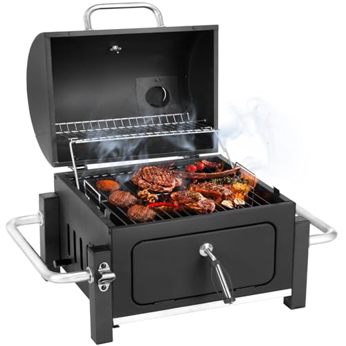 Holzkohlegrill Portable, Tischgrill Campinggrill mit Deckel & Smoker, Tragbarer BBQ Grill für Camping Garten Picknick Party Barbecue
