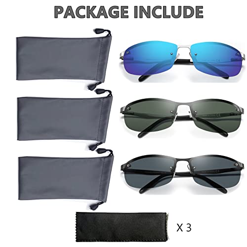 Image of 3 Pack Polarized Sunglasses for Men, Semi-Rimless Frame Driving Fishing Sun glasses UV400 Block Glare /Blue Light