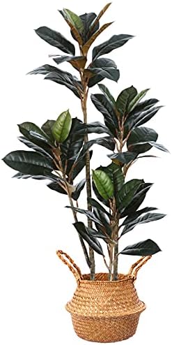 Kazeila Artificial Rubber Tree,Fake Ficus Plant,Come with Woven Seagrass Belly Basket,Indoor Outdoor Modern Decoration,4.3 Feet