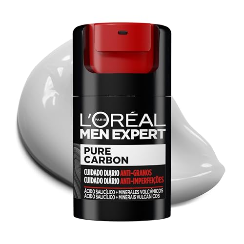 L'Oréal Paris Men Expert Crema Cuidado Diario Anti-Granos Pure Carbon, Reduce Imperfecciones, Hidrata y Matifica el Rostro, Con Minerales Volcánicos y Ácido Salicílico, 50 ml