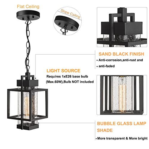 Gooray Outdoor Pendant Light Fixture, Outdoor Pendant Lights For Porch, Exterior Hanging Light Fixtures, Hanging Lights Outside House In Sand Black Finish With Bubble Glass Lamp Shade #TOP3