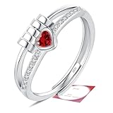Birthstone Jewellery for Women, Adjustable July Birthstone Cubic Zirconia Ring, Sterling Silver Plated Fidget Gifts, Red Anxiety Heart Rings for Daughter Birthday Christmas