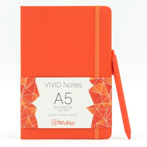 Image of Kitabby VIVID Notes A5 Hard Bound Notebook with Pen - Orange | Elastic Band & Pen Loop, 192 Pages, 80gsm Natural Shade Paper, Polymer Coated Paper Cover