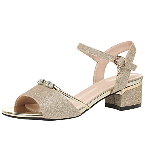 VKVWIV Chunky Block Low Heels for Women Glitter Strappy Open Toe Shoes Heels for Women Slingback Ankle Strap Wedding Dress Pump Shoes