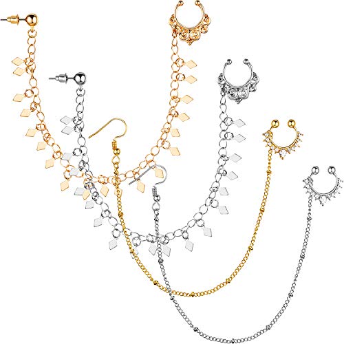 4 Pieces Nose Rings Hoop Chain Fake Septum Ring Non Piercing Nose Rings with Chain Nose to Ear Chain Nose Ring Body Jewelry, Gold and Silver
