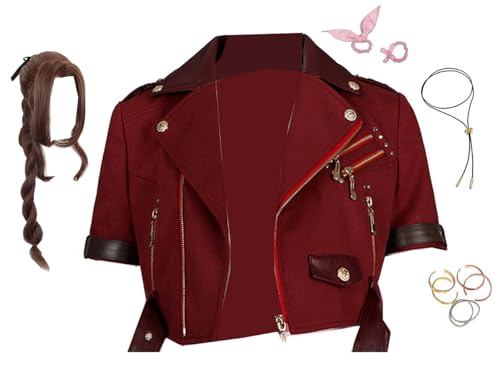 Wcavxmy Womens Fantasy Aerith Gainsborough Cosplay Costume Suit Aerith Red Jacket Final Rebirth Halloween Outfits (Red with Wig, Large)