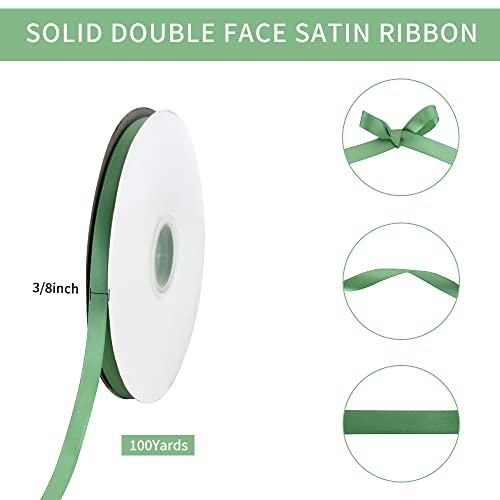 Toniful 3/8 Inch X 100Yds Sage Green Satin Ribbon Thin Solid Fabric Ribbons Roll For Gift Wrapping Invitation Floral Hair Balloons Craft Sewing Party Wedding Popsicles Decoration Valentine's Day #TOP1