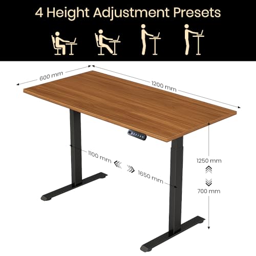 Image of Pulse Electric Height Adjustable Table Standing Desk with 4 Memory Presets| 1200 X 750 CM (25mm Walnut Top & Black Frame)| 80KG Wt Cap| 3 Year Warranty| Adaptor Hanger, Headphone & Cup Holder
