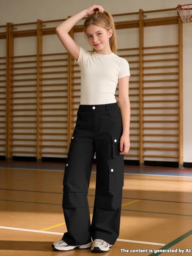 Image of SANGTREE Girls High Waist Casual Y2k Wide Leg Cargo Pants, 4-14 Years