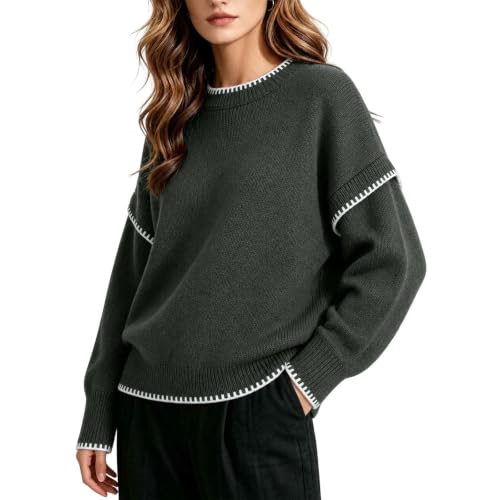 Women's Sweaters Contrast Stitch Crew Neck Knit Pullover Loose Fall Tops - image 6