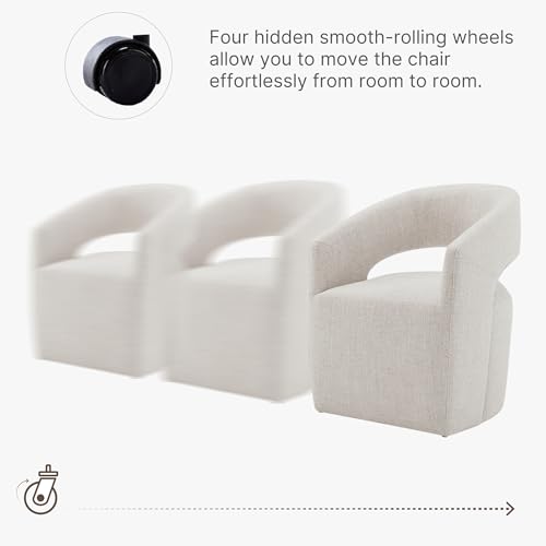 Image of KISLOT Upholstered Dining Chairs with Casters, No Assembly Modern Barrel Armchair with Rollers for Dining Room, Bedroom, Living Room, Reading Room, Home Office, Set of 2, Beige