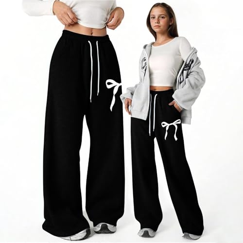 Girl's Bowknot Sweatpants Lightweight Baggy Joggers with Pockets, Straight Leg Athletic Pants for Teen Girls 4-133