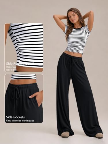 Image of Trendy Queen 2 Piece Matching Summer Lounge Set Womens Side Ruching Top Wide Leg Pants Sets with Pockets